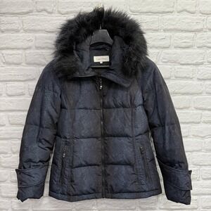 Calvin Klein‎ Down Puffer Coat Woman Sz M Snakeskin Print Faux Fur Hooded Parka
